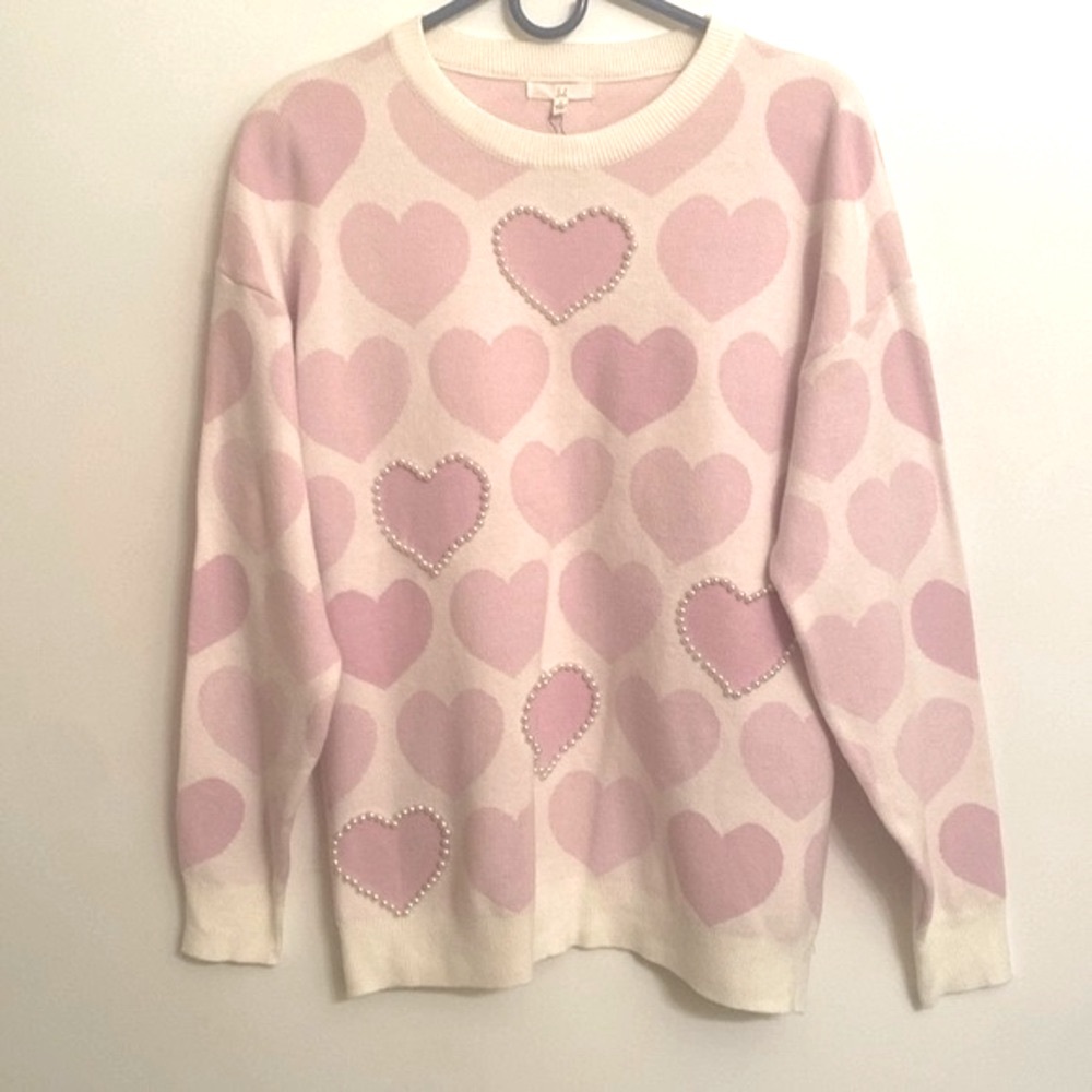 JOH Pink Women's White Pearl Heart Shaped Round Neck Sweater Soft L/S Small NEW - Picture 12 of 12